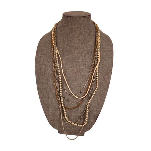 Long Seven Strand Silver-tone, Faux Pearl, and Bead Chain Necklace - Picture 1 of 12